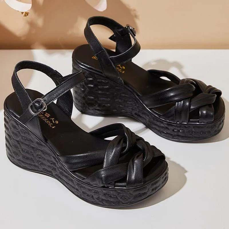 Weave Open Toe Leather Wedges Sandals Women's Casual Shoes GCSK26