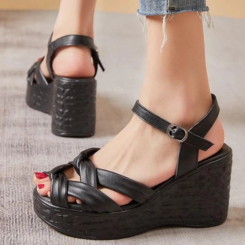 Weave Open Toe Leather Wedges Sandals Women's Casual Shoes GCSK26