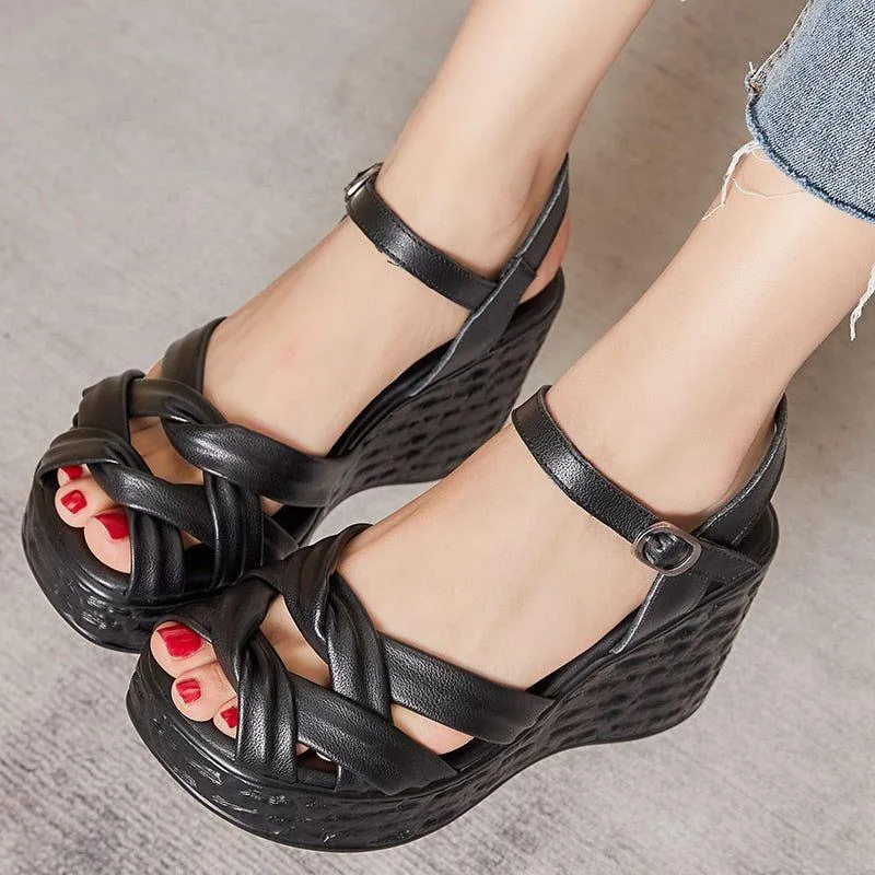 Weave Open Toe Leather Wedges Sandals Women's Casual Shoes GCSK26