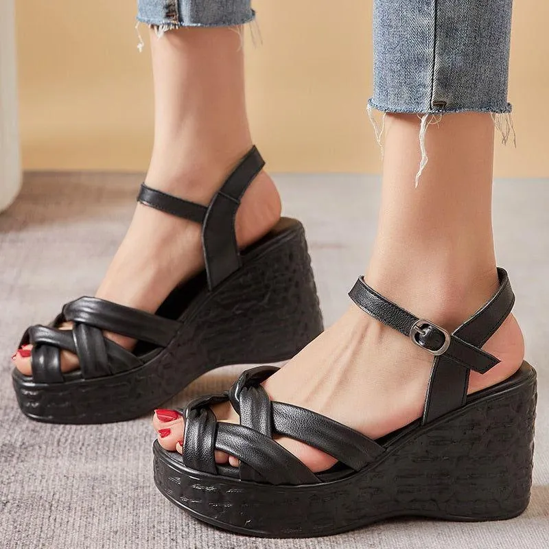 Weave Open Toe Leather Wedges Sandals Women's Casual Shoes GCSK26