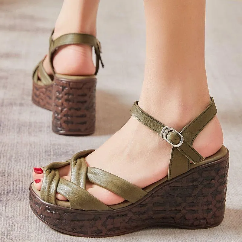 Weave Open Toe Leather Wedges Sandals Women's Casual Shoes GCSK26