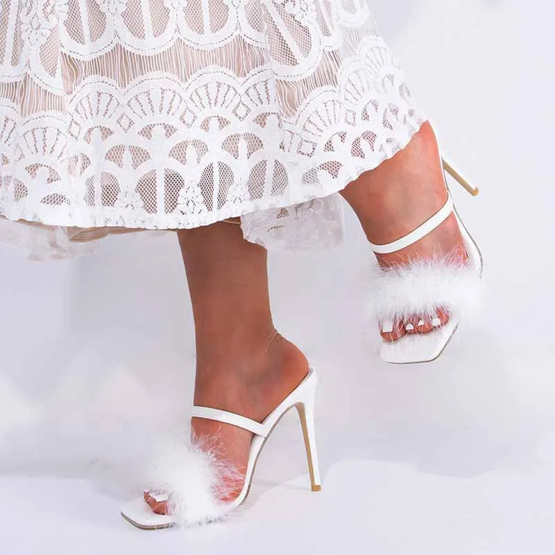 White Fluffy High Heels Slippers Shoes for a Lady to Wear to a Summer Party