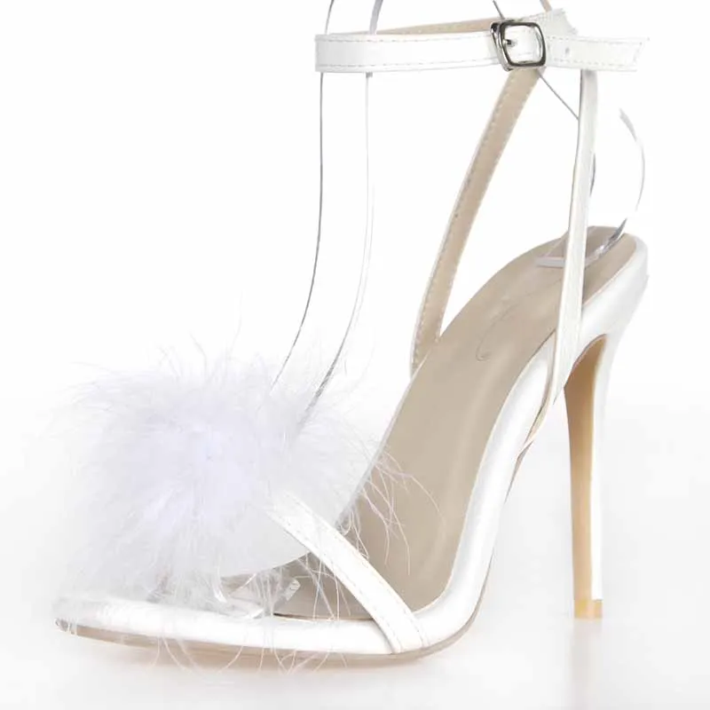 White Fluffy Wedding Shoes High Heeled Sandals for a Lady to Wear to a Summer Party