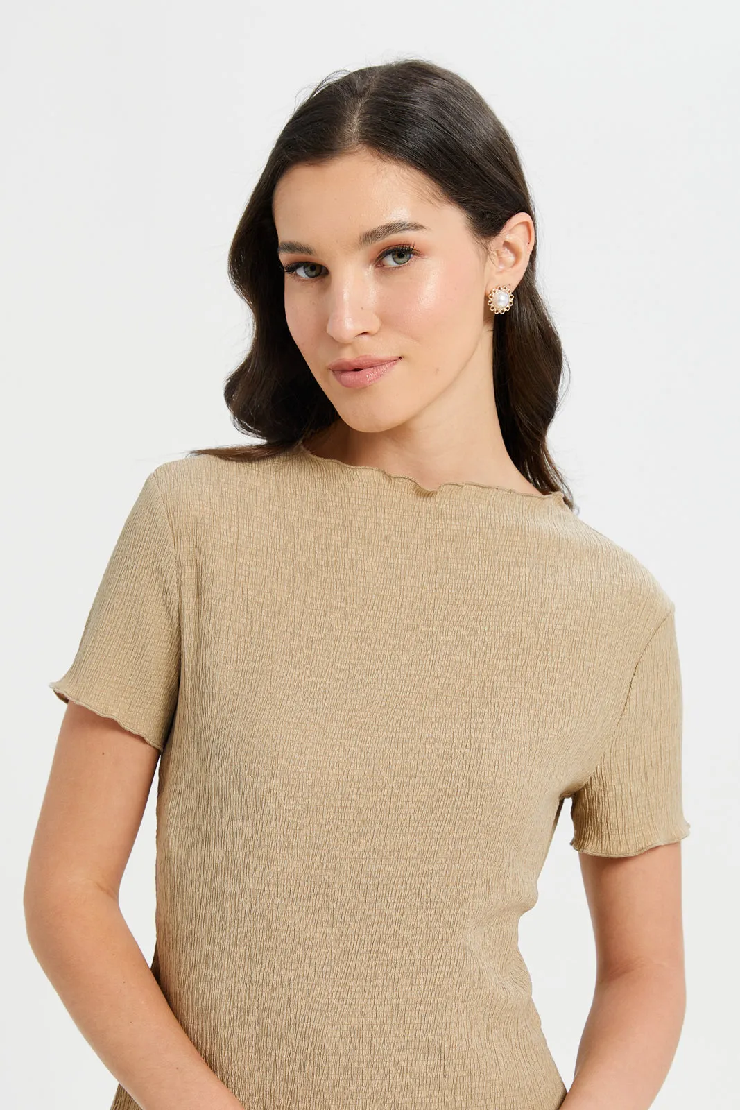 Women Beige Crinkled Top