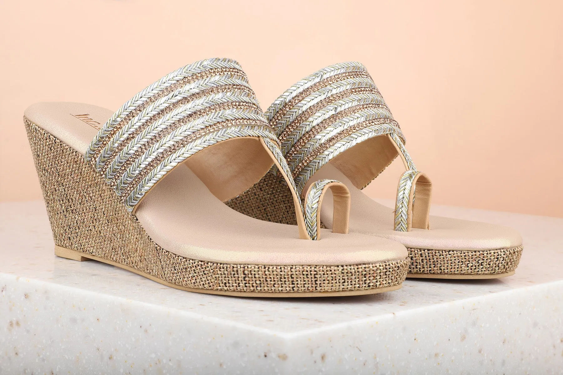 Women Beige Embellished Wedges