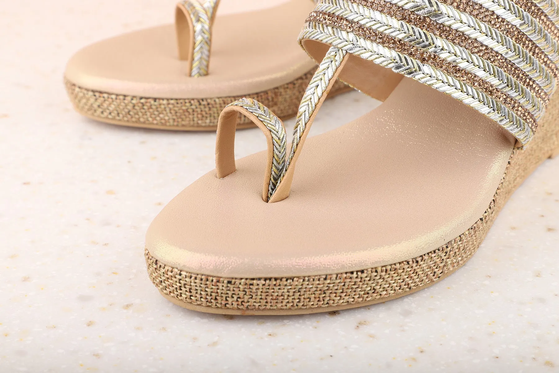 Women Beige Embellished Wedges