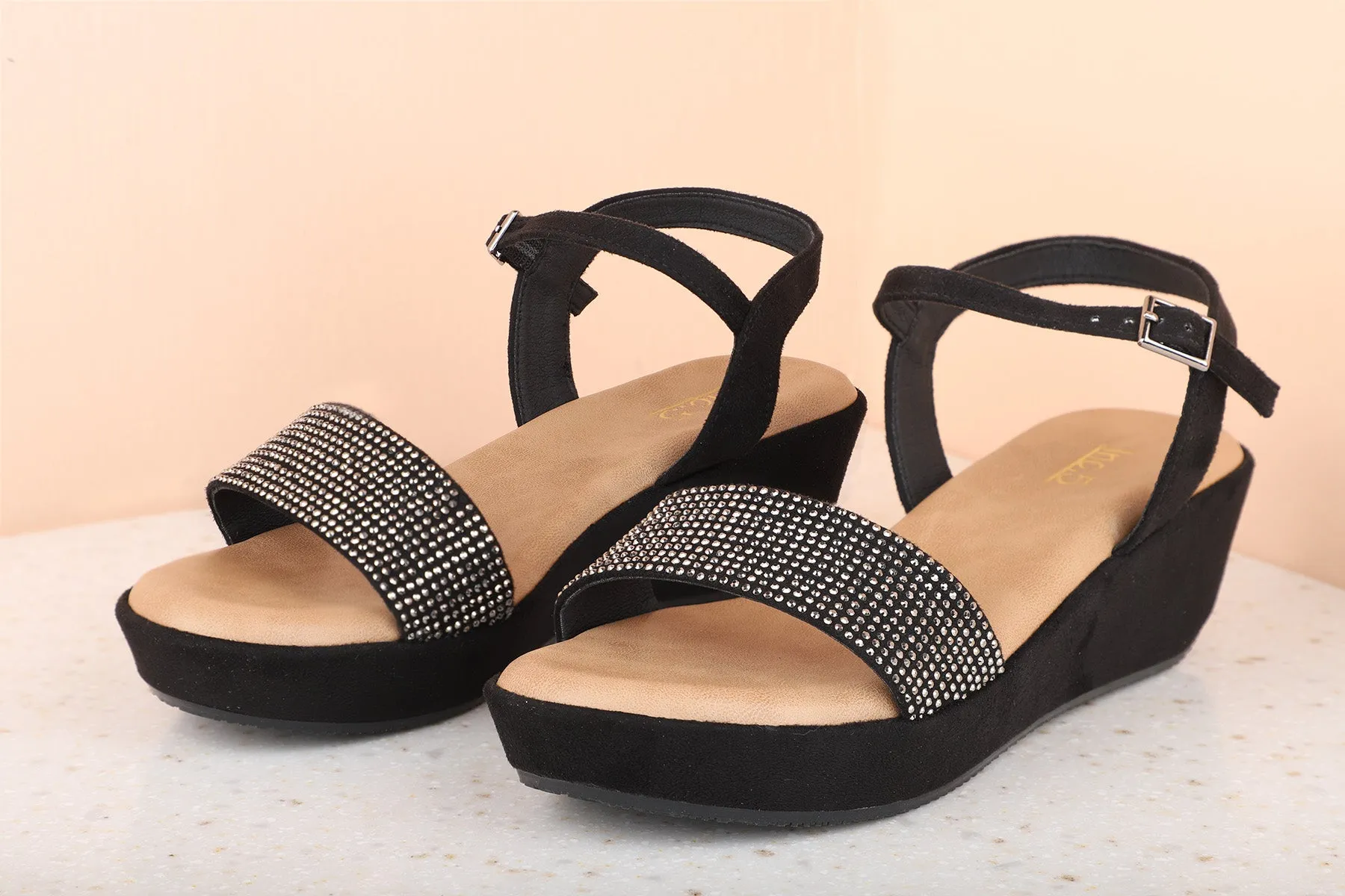 Women Black Embellished Wedges