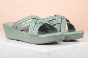 Women Green Solid Wedge Mules