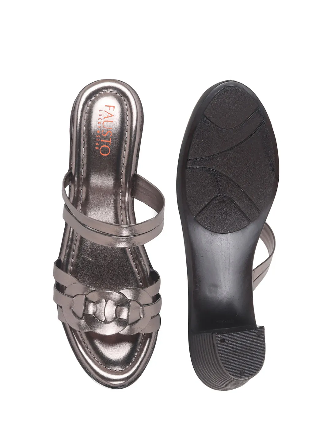 Women Gun Metal Shiny Open Toe Multi Strap Block Heel Party Slip On Sandals|Ethnic Slippers For Lehenga Sharara|Festive|Wedding