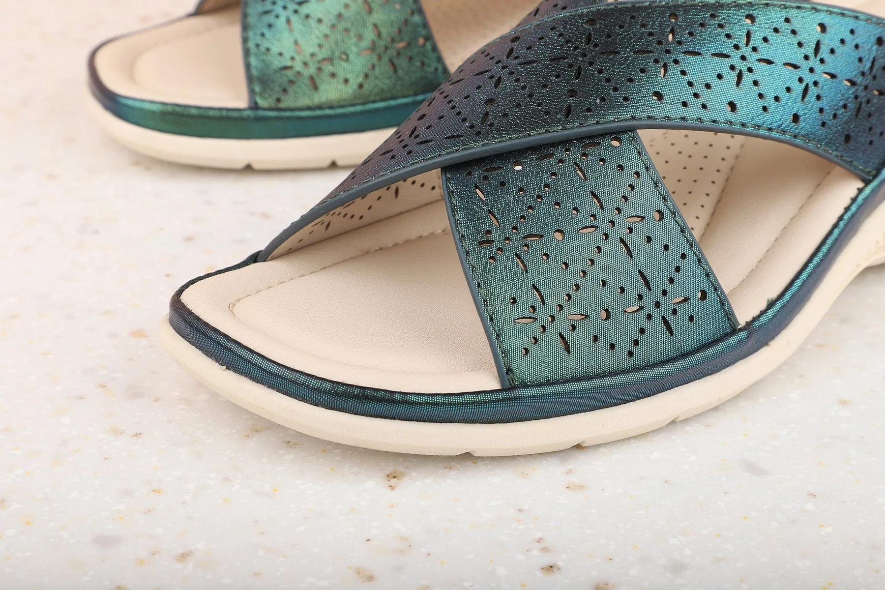 Women Navy Textured Wedges with Laser Cuts