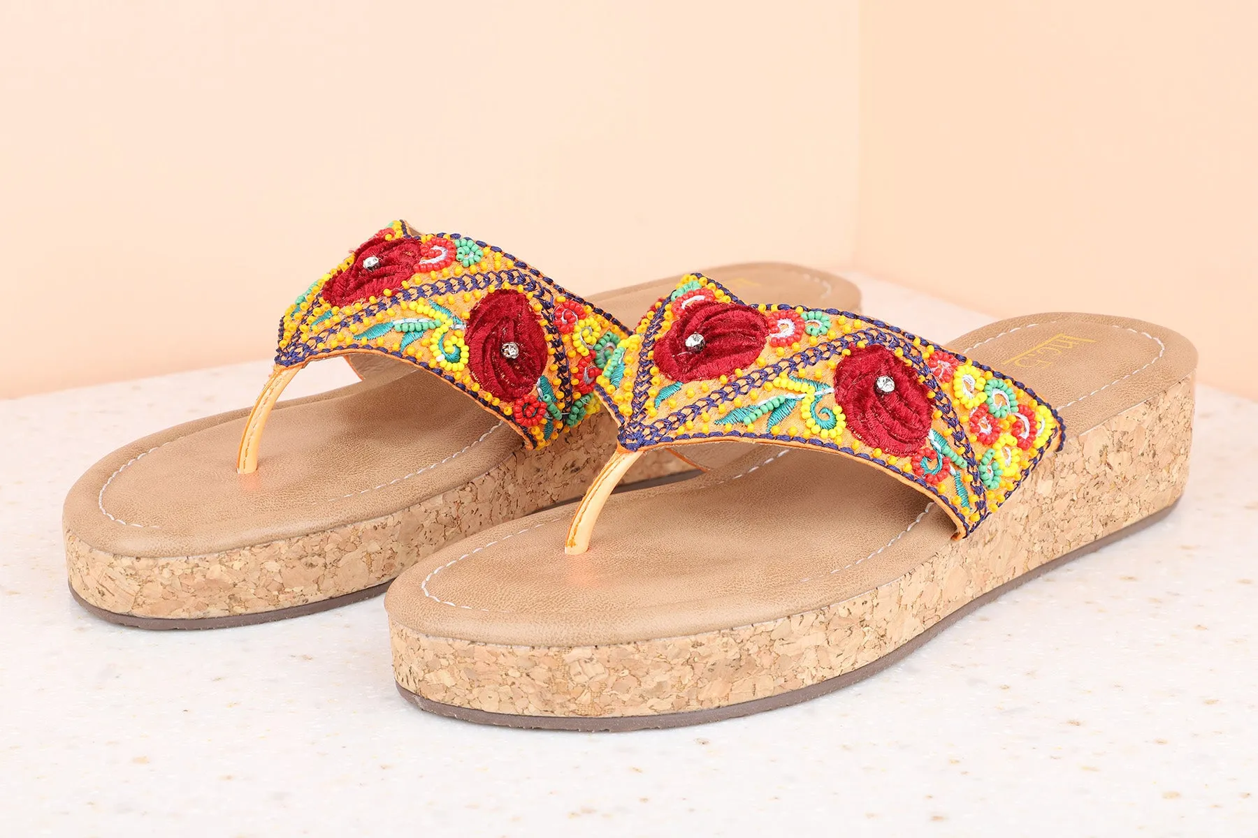 Women Orange Ethnic Embellished One Toe Wedges