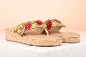 Women Orange Ethnic Embellished One Toe Wedges