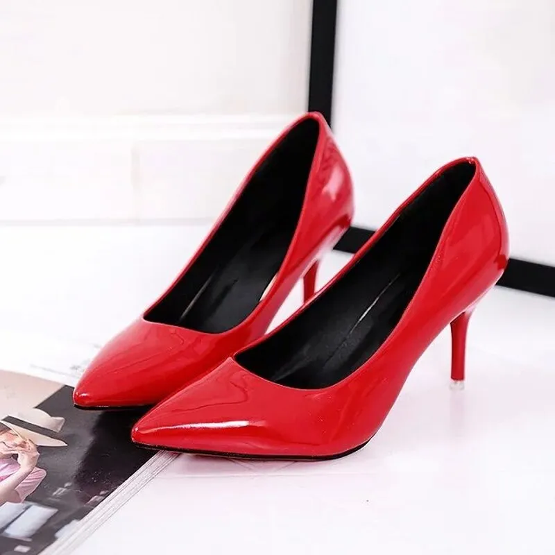 Women Pumps Pointed Toe Thin High Heels Female Faux Suede Patent Leather Office Dress Shoes Ladies Classic Slip on Footwear