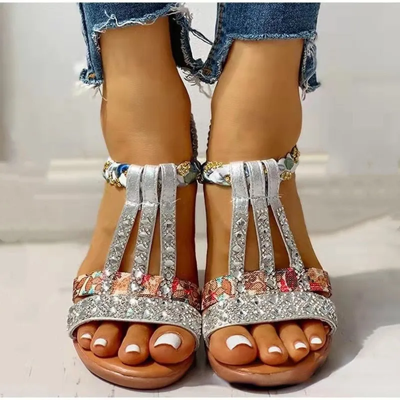 Women Wedge Sandals Summer  Bohemia Casual High Heels Sandals Fashion Female Peep Toe Rhinestones Outdoor Beach Shoes