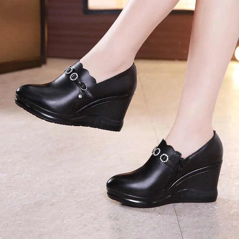 Women's Casual Shoes GRCL12 Black Leather Pumps Wedge High Heels