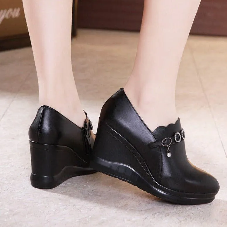 Women's Casual Shoes GRCL12 Black Leather Pumps Wedge High Heels