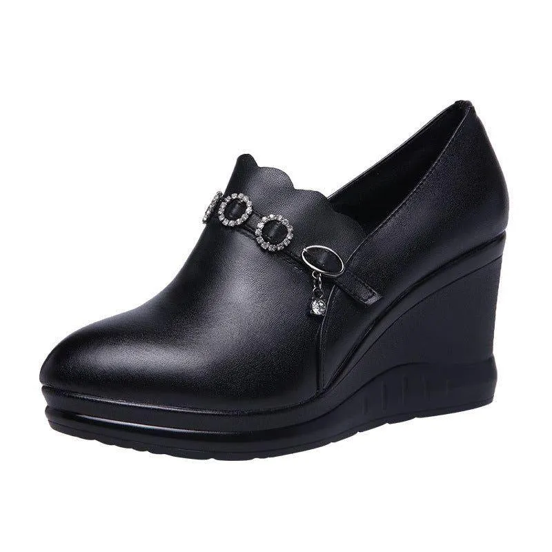 Women's Casual Shoes GRCL12 Black Leather Pumps Wedge High Heels