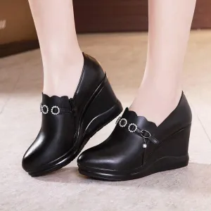 Women's Casual Shoes GRCL12 Black Leather Pumps Wedge High Heels