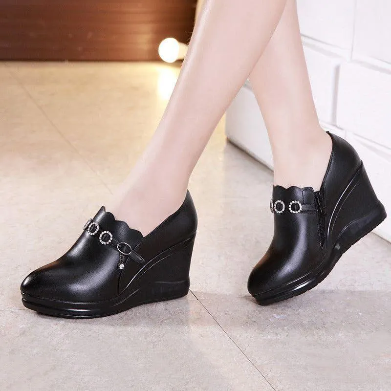 Women's Casual Shoes GRCL12 Black Leather Pumps Wedge High Heels