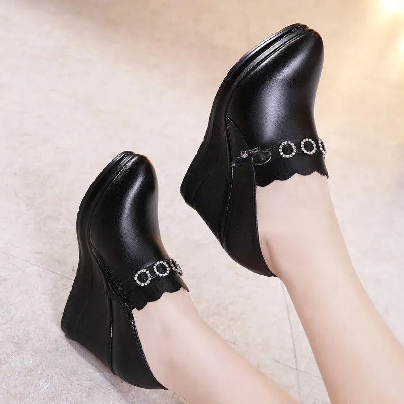 Women's Casual Shoes GRCL12 Black Leather Pumps Wedge High Heels