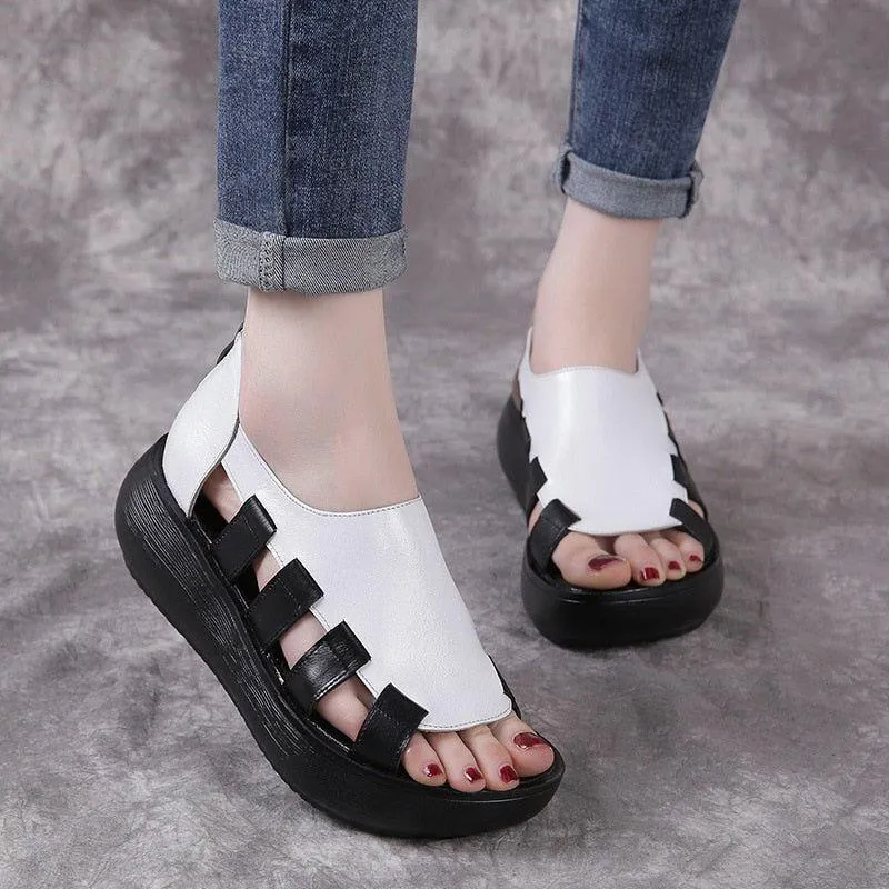 Women's Casual Shoes Leather Breathable Flat Sandals 6988