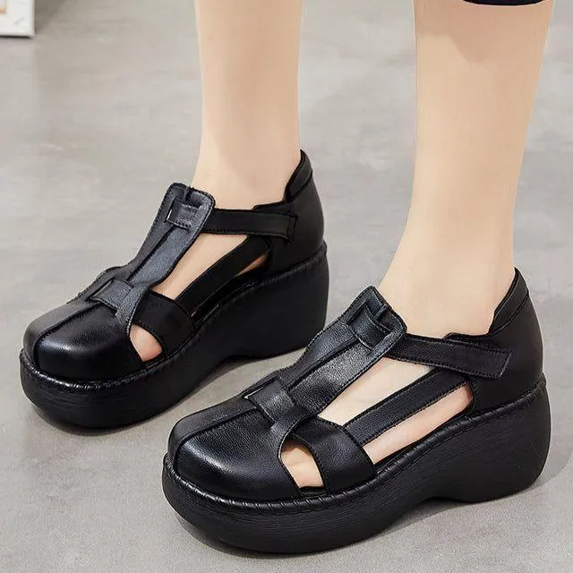 Women's Casual Shoes - Retro Leather Wedge Sandals GRCL0425