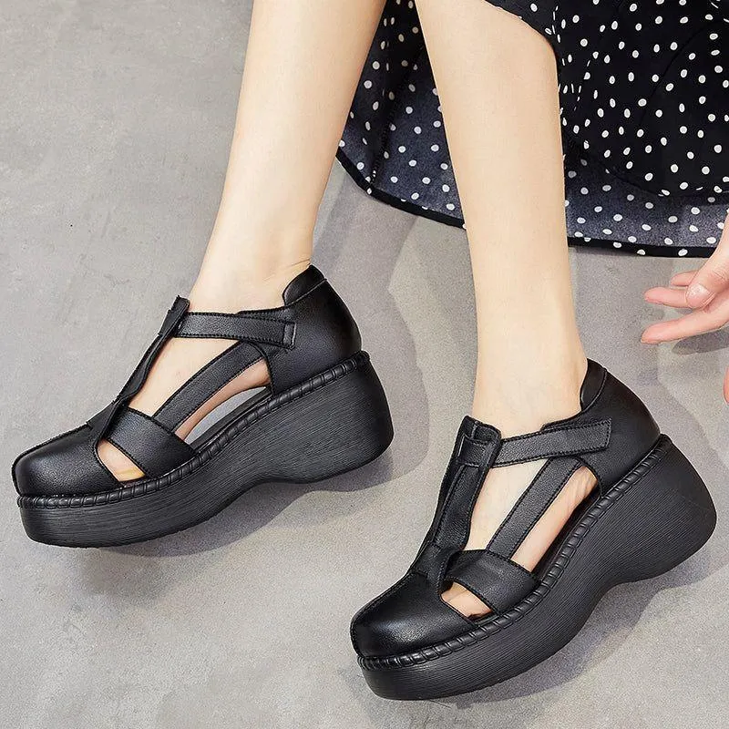 Women's Casual Shoes - Retro Leather Wedge Sandals GRCL0425