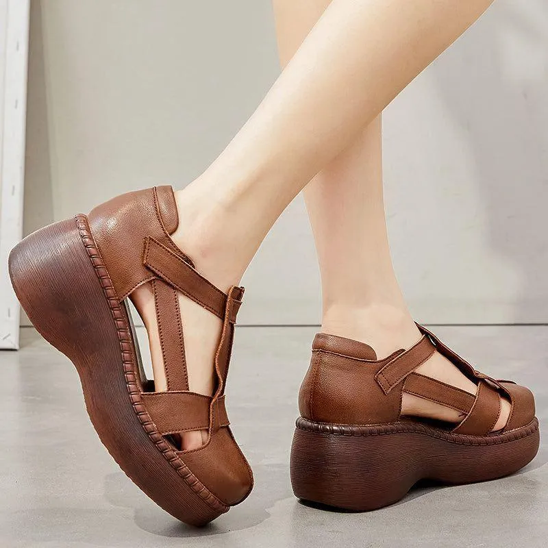 Women's Casual Shoes - Retro Leather Wedge Sandals GRCL0425