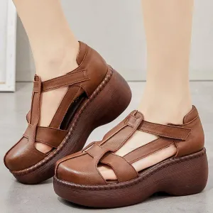 Women's Casual Shoes - Retro Leather Wedge Sandals GRCL0425