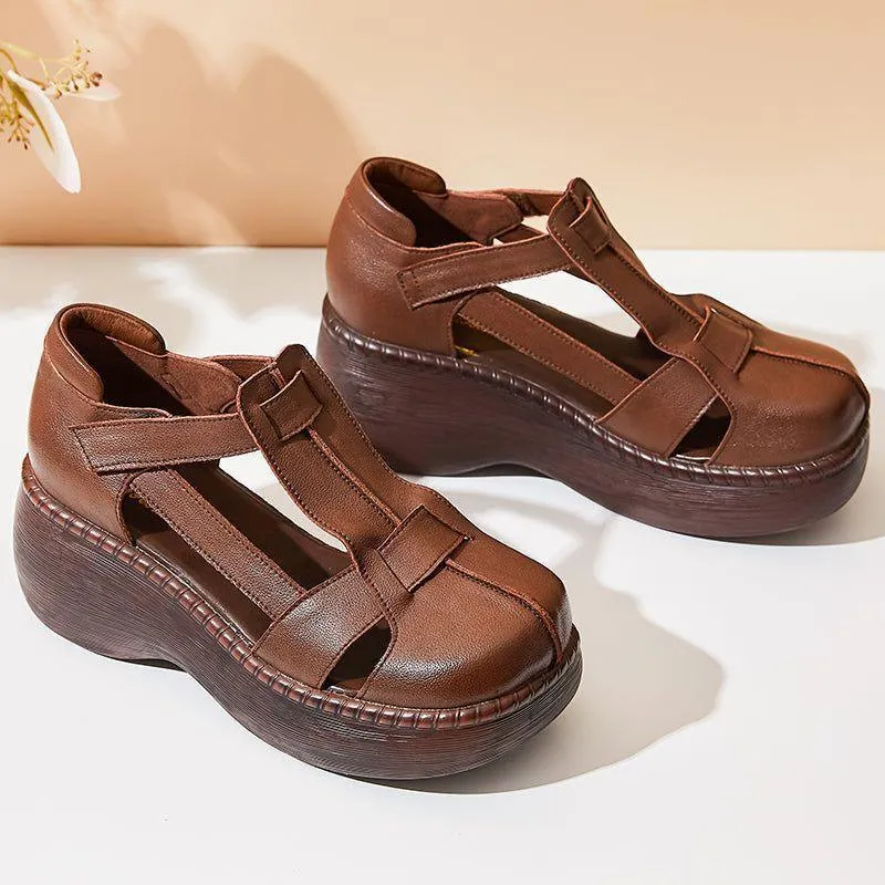 Women's Casual Shoes - Retro Leather Wedge Sandals GRCL0425