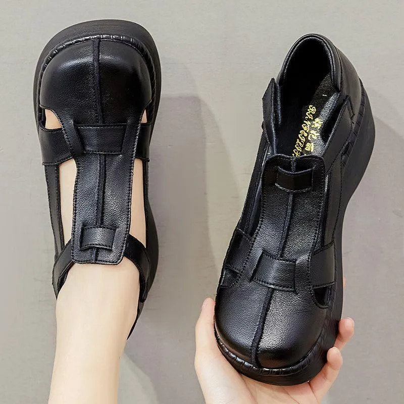 Women's Casual Shoes - Retro Leather Wedge Sandals GRCL0425