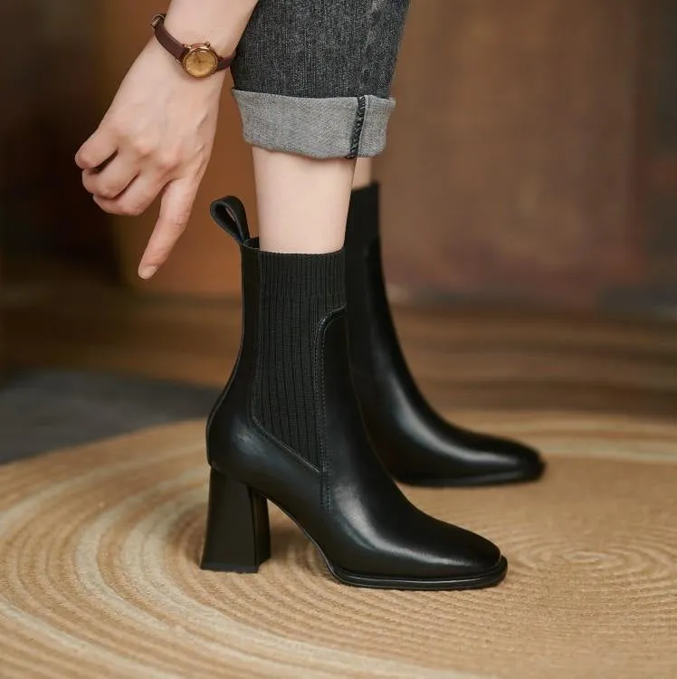 Womens French Vintage Chunky Heel Ankle Boots