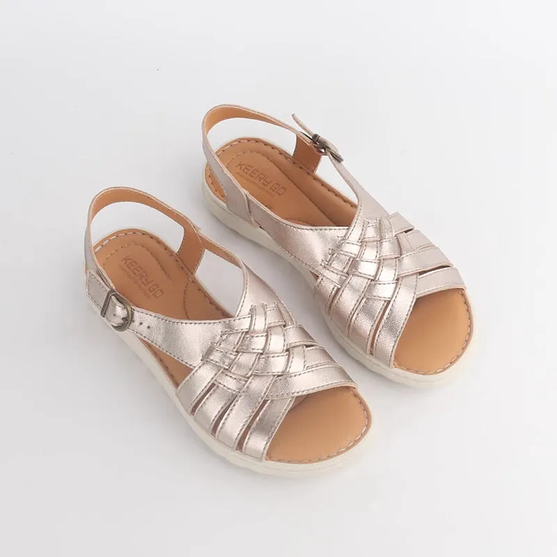 Woven Leather Sandals Open-toe Women Flat Shoes in Beige/Black/Nude/Golden